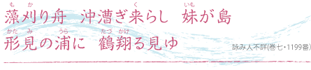 藻刈り舟  沖漕ぎ来らし  妹が島 形見の浦に  鶴翔る見ゆ